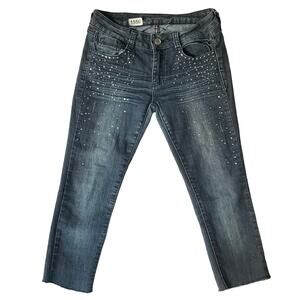 C’est Toi Women’s Rhinestone Waxed Frayed Crop Ankle Jeans size 27, Dark Blue